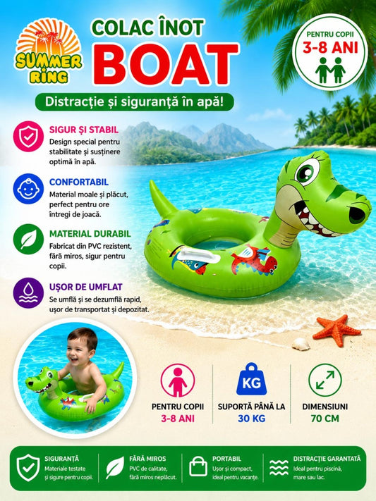 Colac gonflabil copii Boat Dino, 70 cm, model dinozaur verde, pentru piscină și plajă