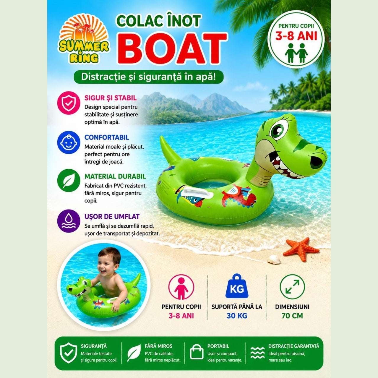 Colac gonflabil copii Boat Dino, 70 cm, model dinozaur verde, pentru piscină și plajă