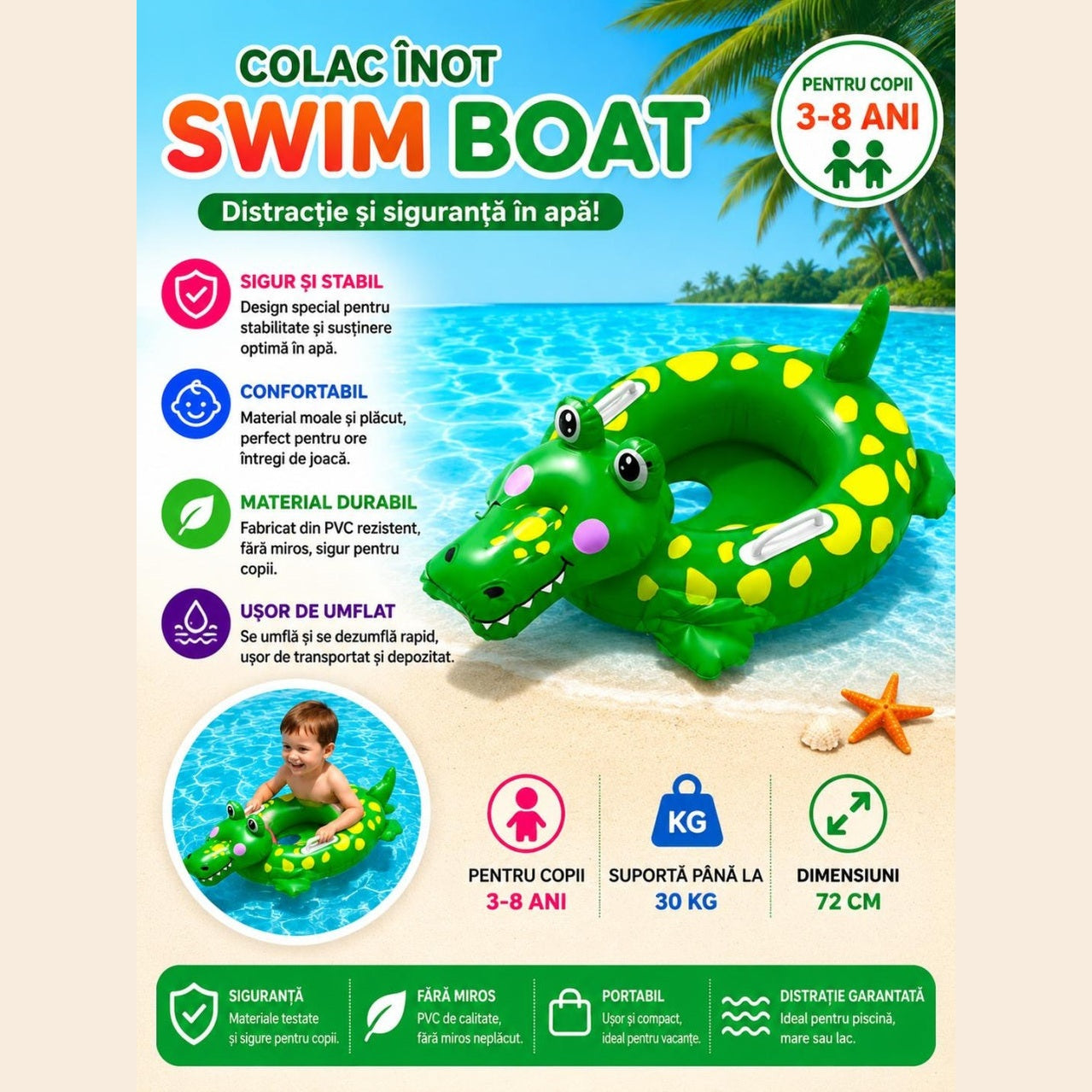 Colac gonflabil copii crocodil 72 cm pentru piscina si plaja, model vesel verde