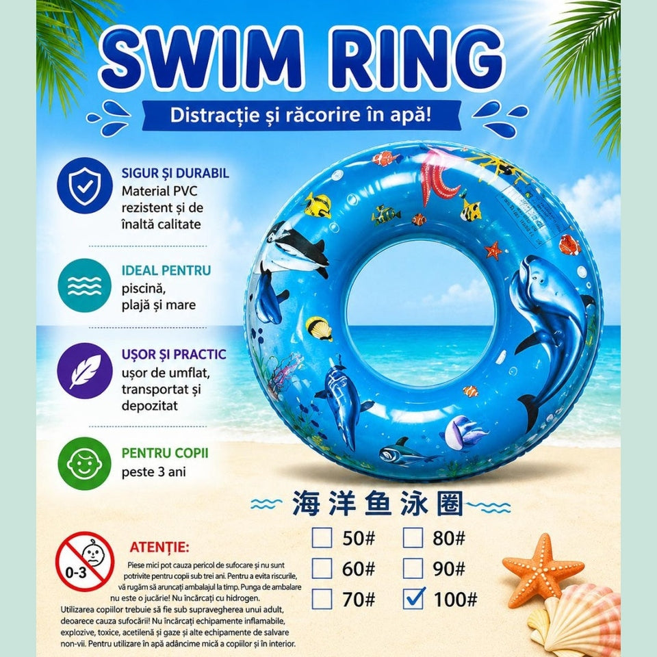 Colac gonflabil copii cu delfini, 100 cm, albastru, pentru piscina si mare