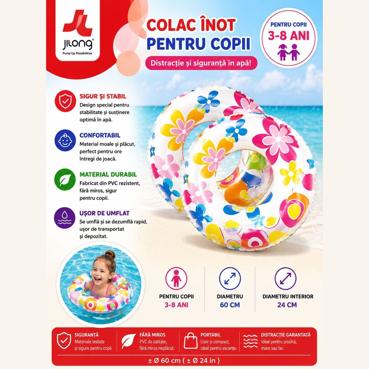 Colac gonflabil copii cu flori colorate, 60 cm, pentru piscina, mare si vacante