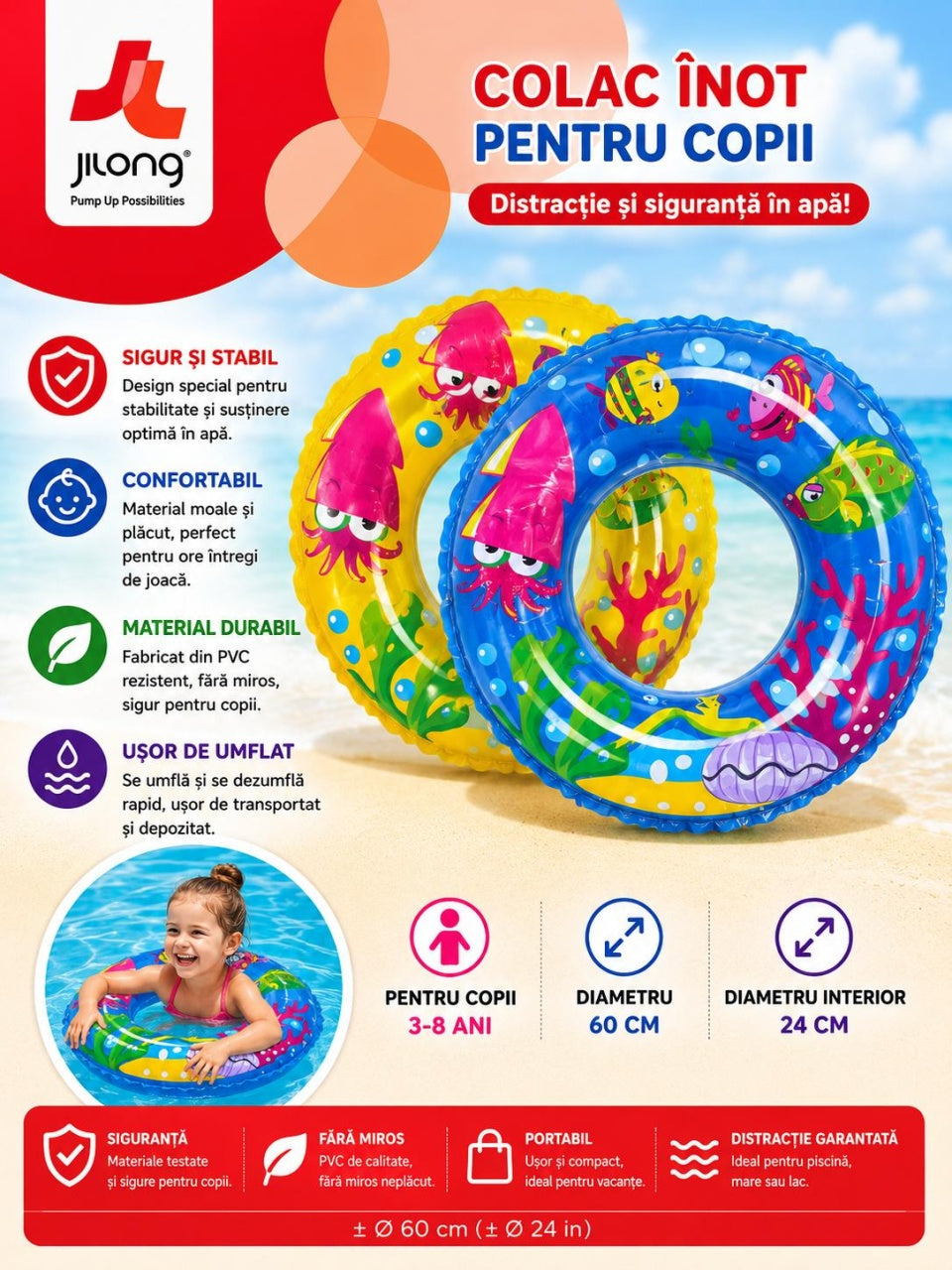 Colac gonflabil copii cu imprimeu marin, 60 cm, albastru, pentru piscina si plaja