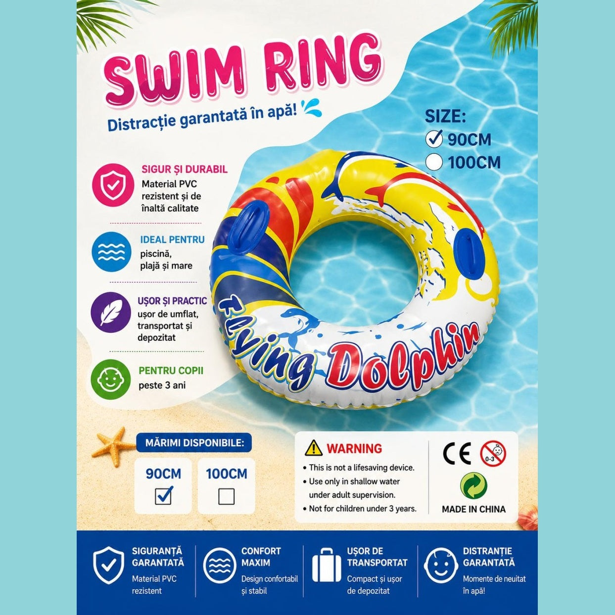 Colac gonflabil copii cu manere, model delfini, 90 cm, pentru piscina si mare