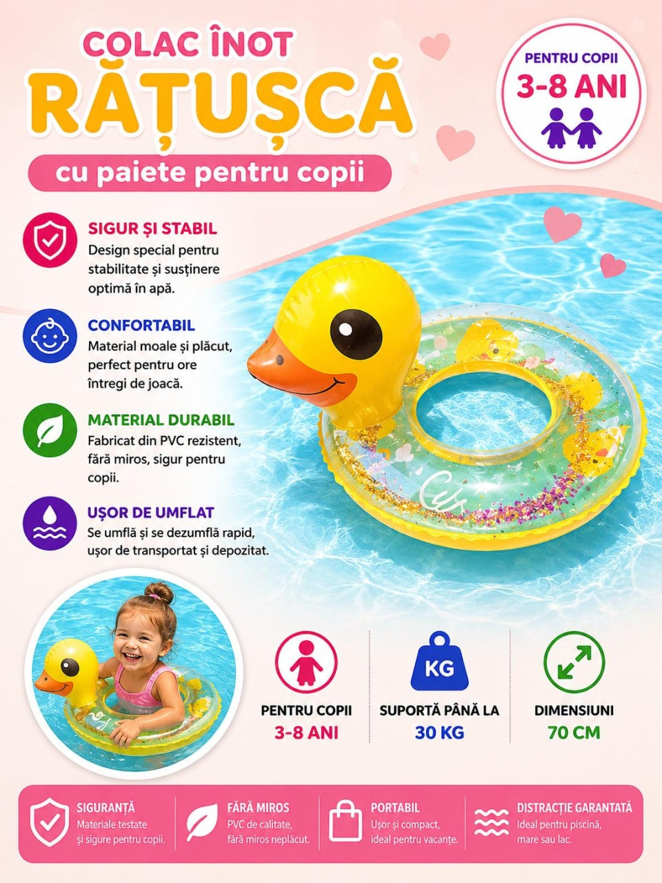 Colac gonflabil copii model ratusca, 70 cm, pentru piscina si mare, design vesel