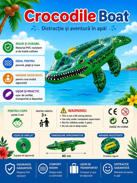 Colac gonflabil crocodil pentru copii 80 cm, cu manere, pentru piscina si plaja