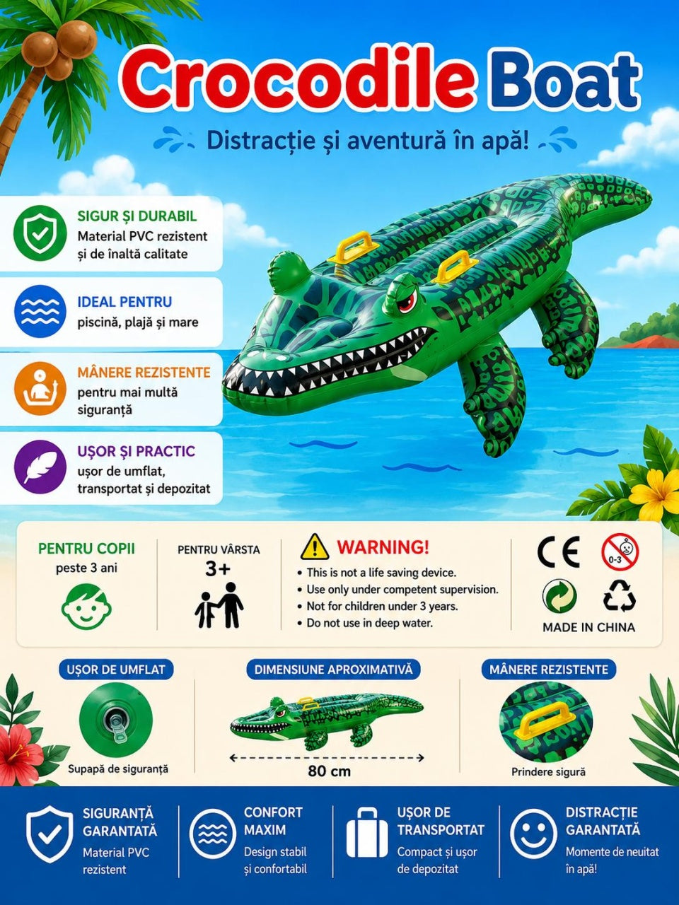 Colac gonflabil crocodil pentru copii 80 cm, cu manere, pentru piscina si plaja
