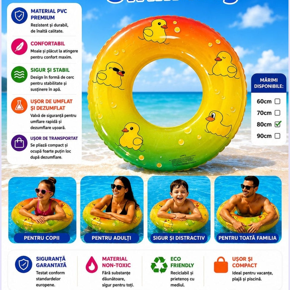 Colac Gonflabil cu Rățuște 60 cm – Inel de Înot pentru Copii, Piscină și Plajă