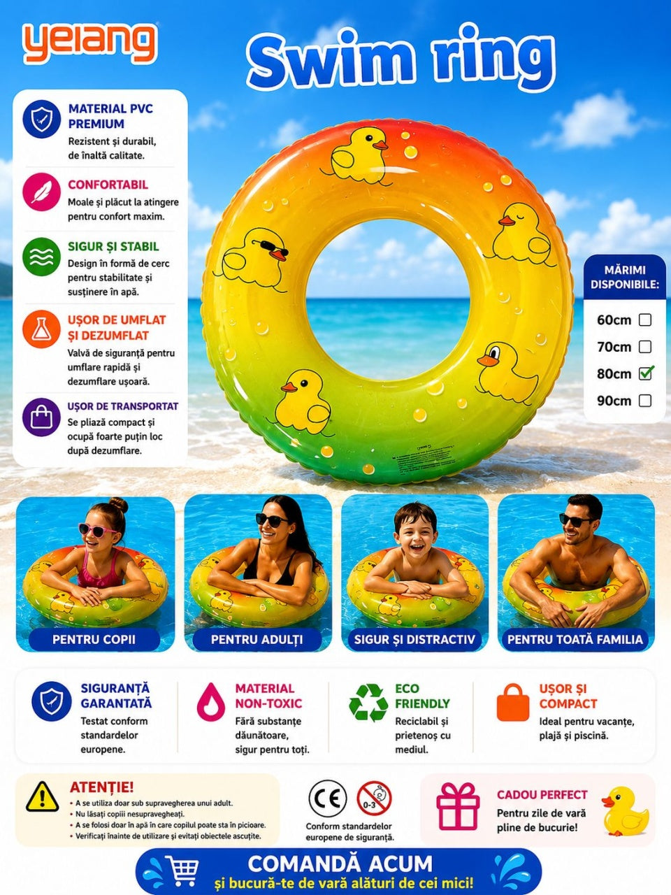 Colac Gonflabil cu Rățuște 80 cm – Inel Gonflabil pentru Copii și Piscină