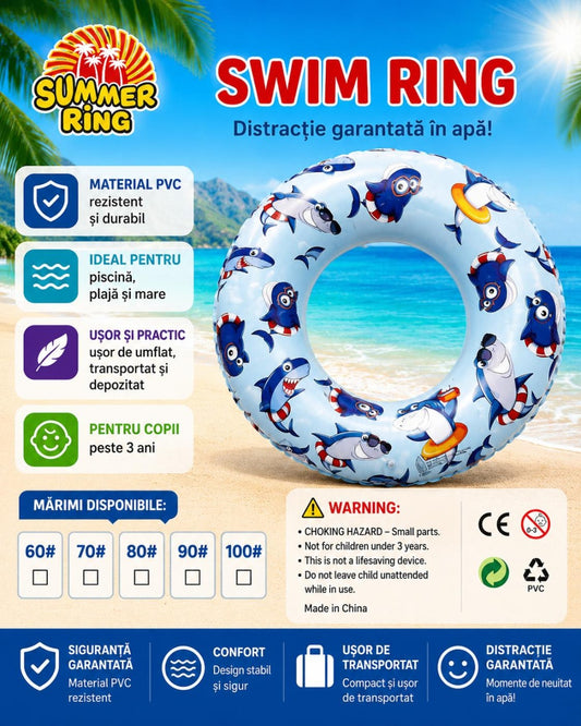 Colac gonflabil cu rechini pentru copii, 90 cm, ideal pentru piscina, plaja si mare