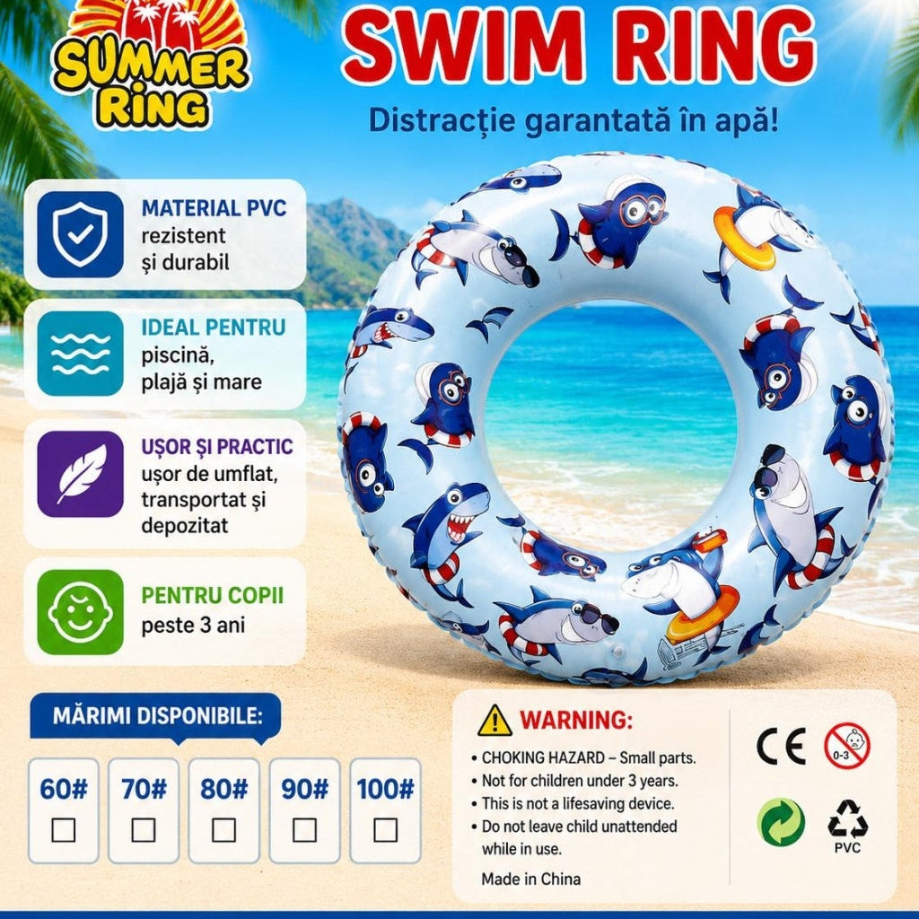 Colac gonflabil cu rechini pentru copii, 90 cm, ideal pentru piscina, plaja si mare