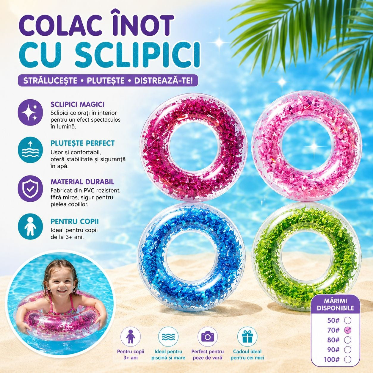 Colac Gonflabil cu Sclipici 80 cm – Albastru , Inel de Înot pentru Copii și Adulți
