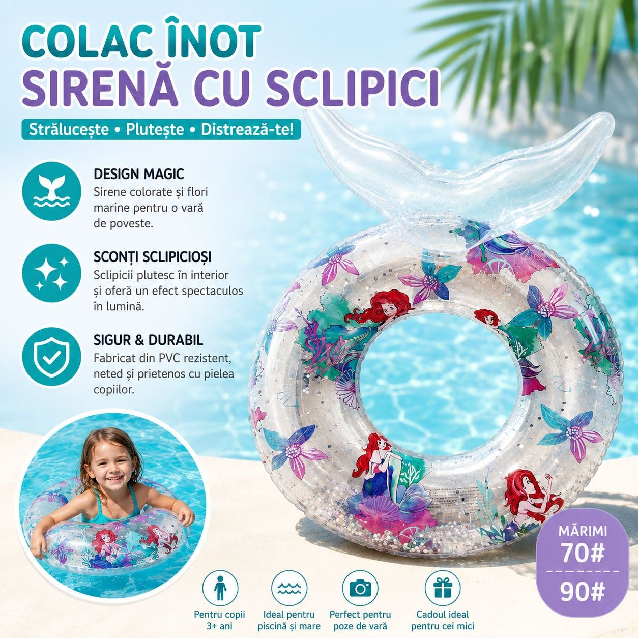 Colac Gonflabil cu Sirenă și Sclipici – 70 cm, Model Transparent pentru Copii