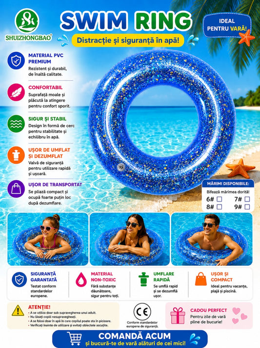 Colac Gonflabil cu Slipici Albastru 100 cm – Colac de Înot Glitter pentru Piscină și Plajă