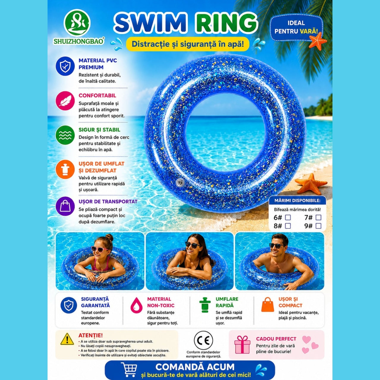 Colac Gonflabil cu Slipici Albastru 100 cm – Colac de Înot Glitter pentru Piscină și Plajă