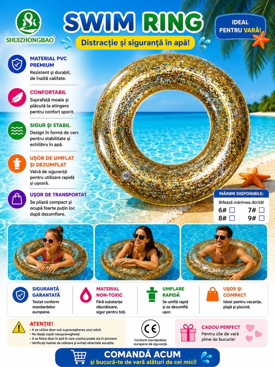 Colac Gonflabil cu Slipici Auriu 100 cm – Colac de Înot Glitter pentru Piscină și Plajă