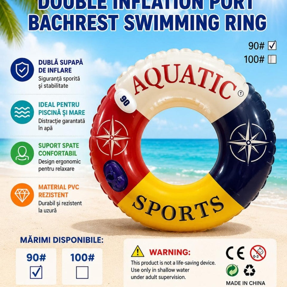 Colac gonflabil cu spătar, Double Inflation Port Aquatic Sports, 90 cm, pentru piscină și mare