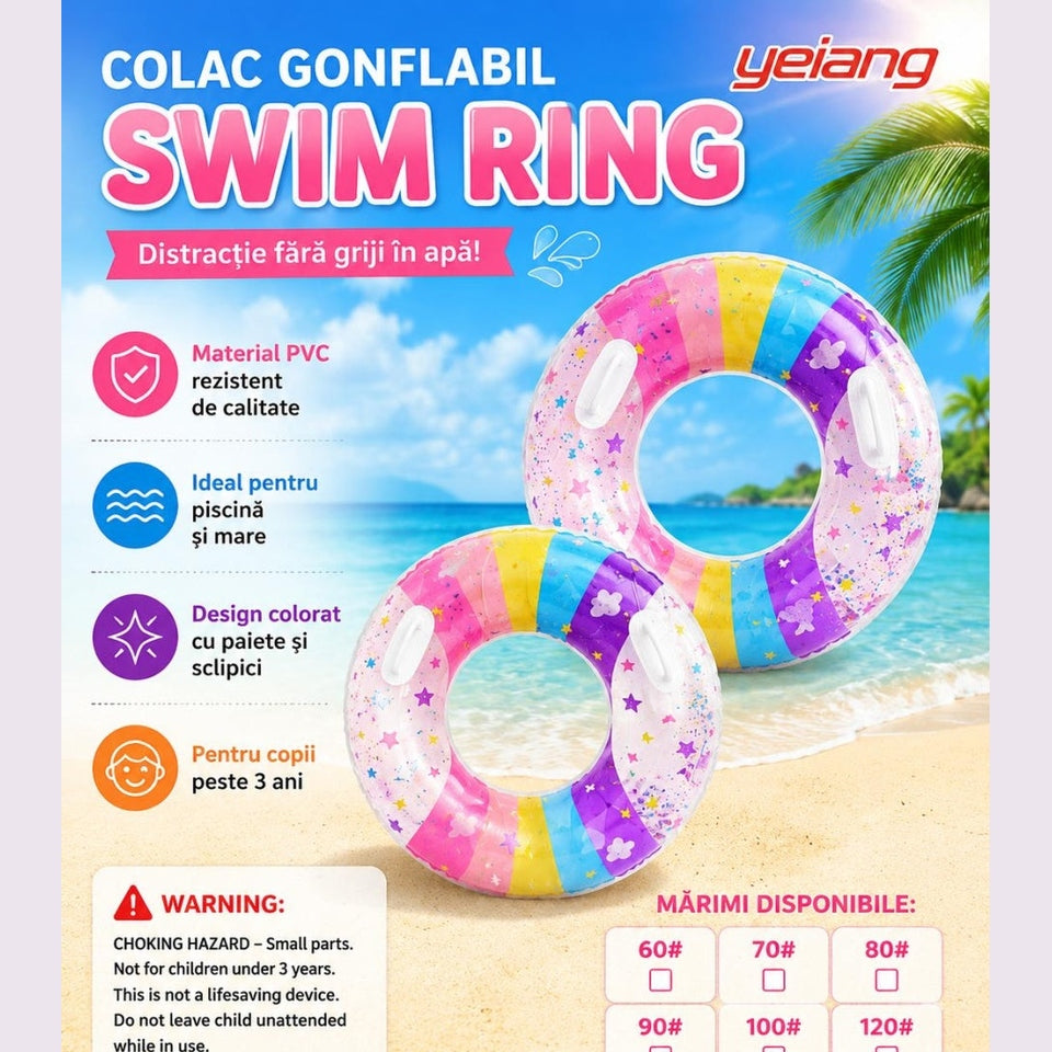 Colac gonflabil curcubeu pentru copii, 90 cm, cu manere, ideal piscina si mare