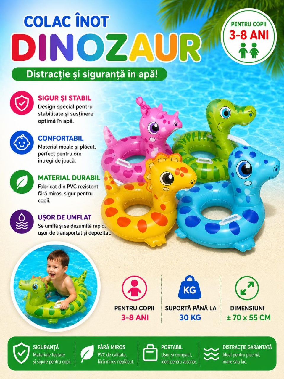 Colac gonflabil dinozaur galben pentru copii, 70 x 55 cm, design vesel și sigur