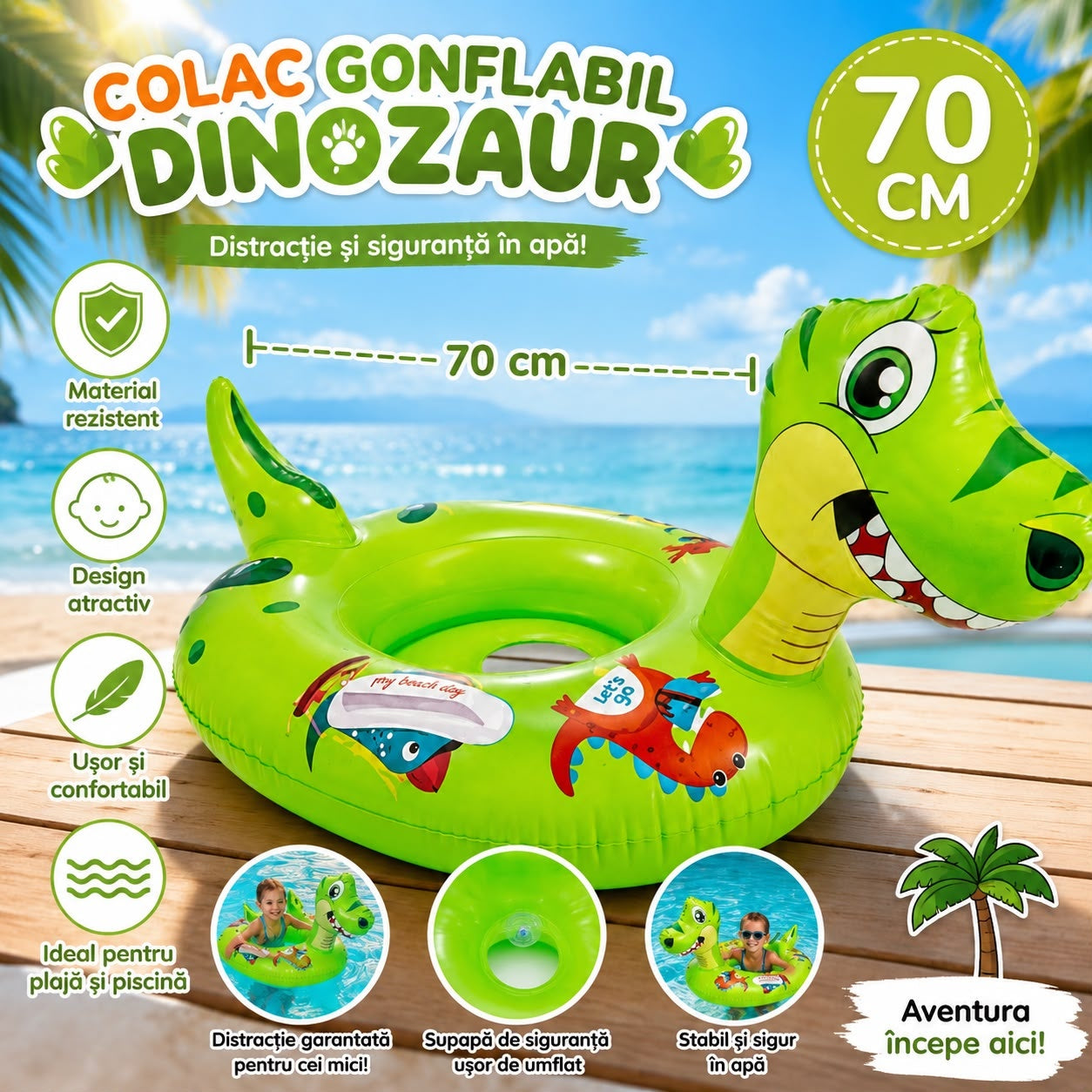 Colac Gonflabil Dinozaur pentru Copii 70 cm – Colac Verde cu Cap Dinozaur, pentru Piscină și Plajă