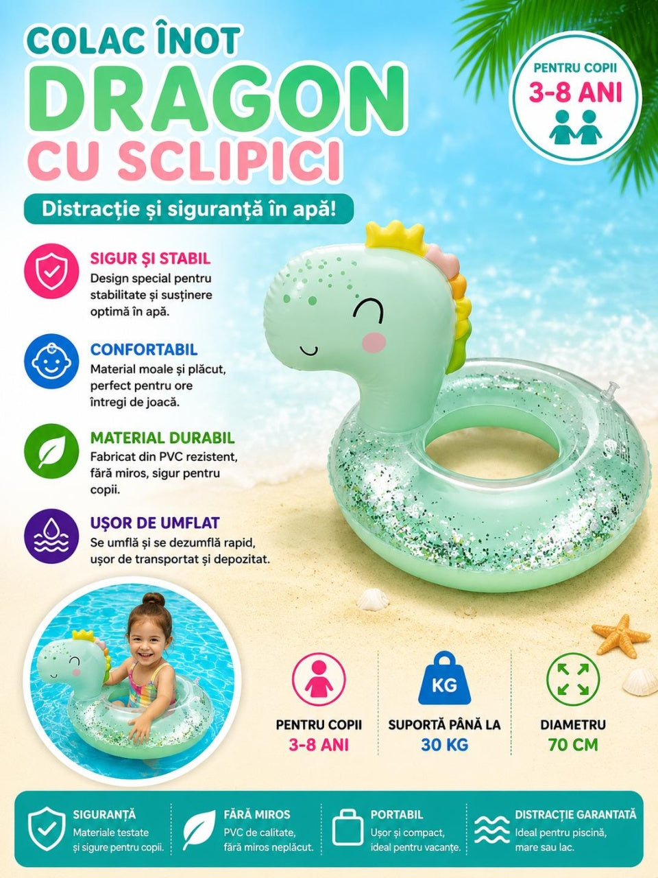 Colac gonflabil dragon cu sclipici pentru copii, 70 cm, verde pastel, piscina si mare