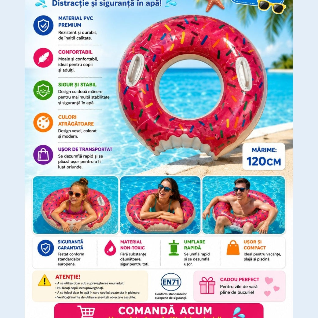 Colac Gonflabil Gogoașă Roz 120 cm – Colac de Înot pentru Piscină și Plajă