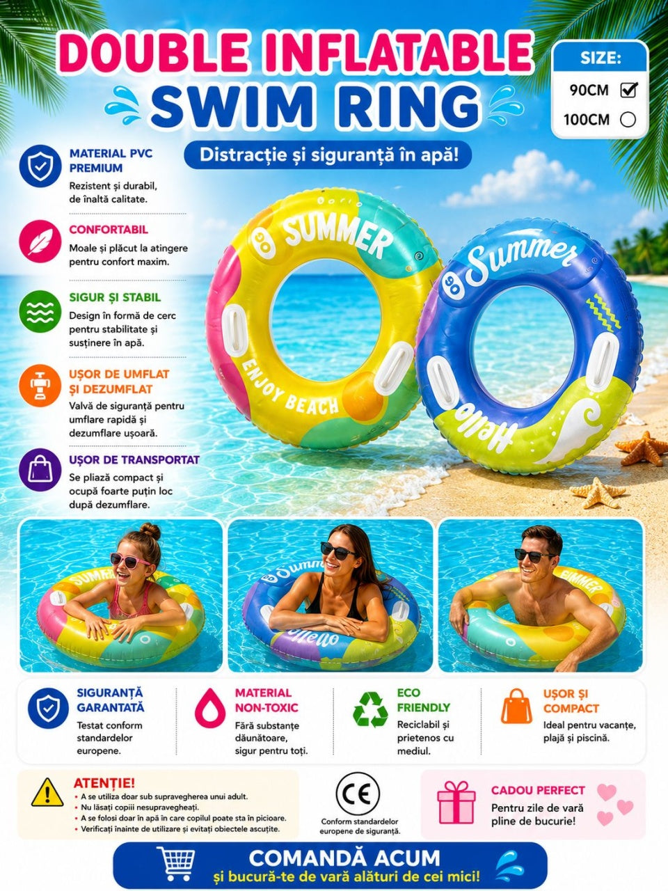Colac Gonflabil Hello Summer Galben 90 cm – Colac de Înot Colorat pentru Piscină și Plajă