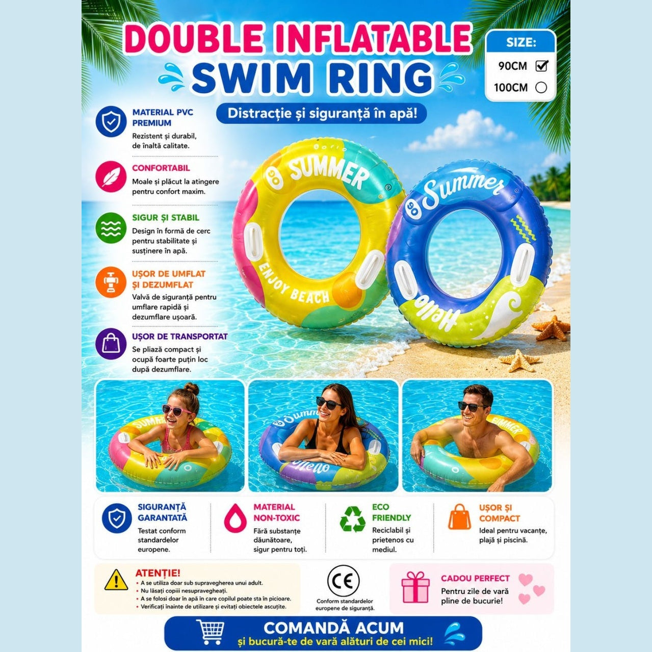 Colac Gonflabil Hello Summer Galben 90 cm – Colac de Înot Colorat pentru Piscină și Plajă