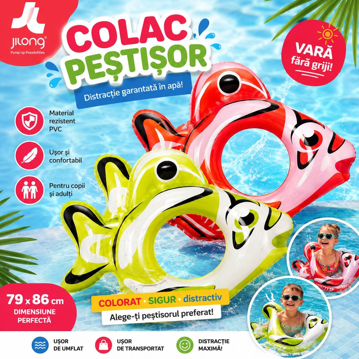 Colac Gonflabil Înot Roșu în Formă de Peștișor Tropical, 79 x 86 cm, PVC Rezistent, pentru Copii 3+