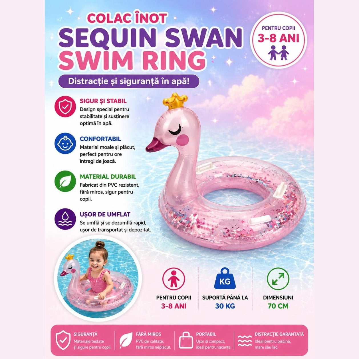 Colac gonflabil lebada cu sclipici pentru copii, 70 cm, roz, piscina si mare
