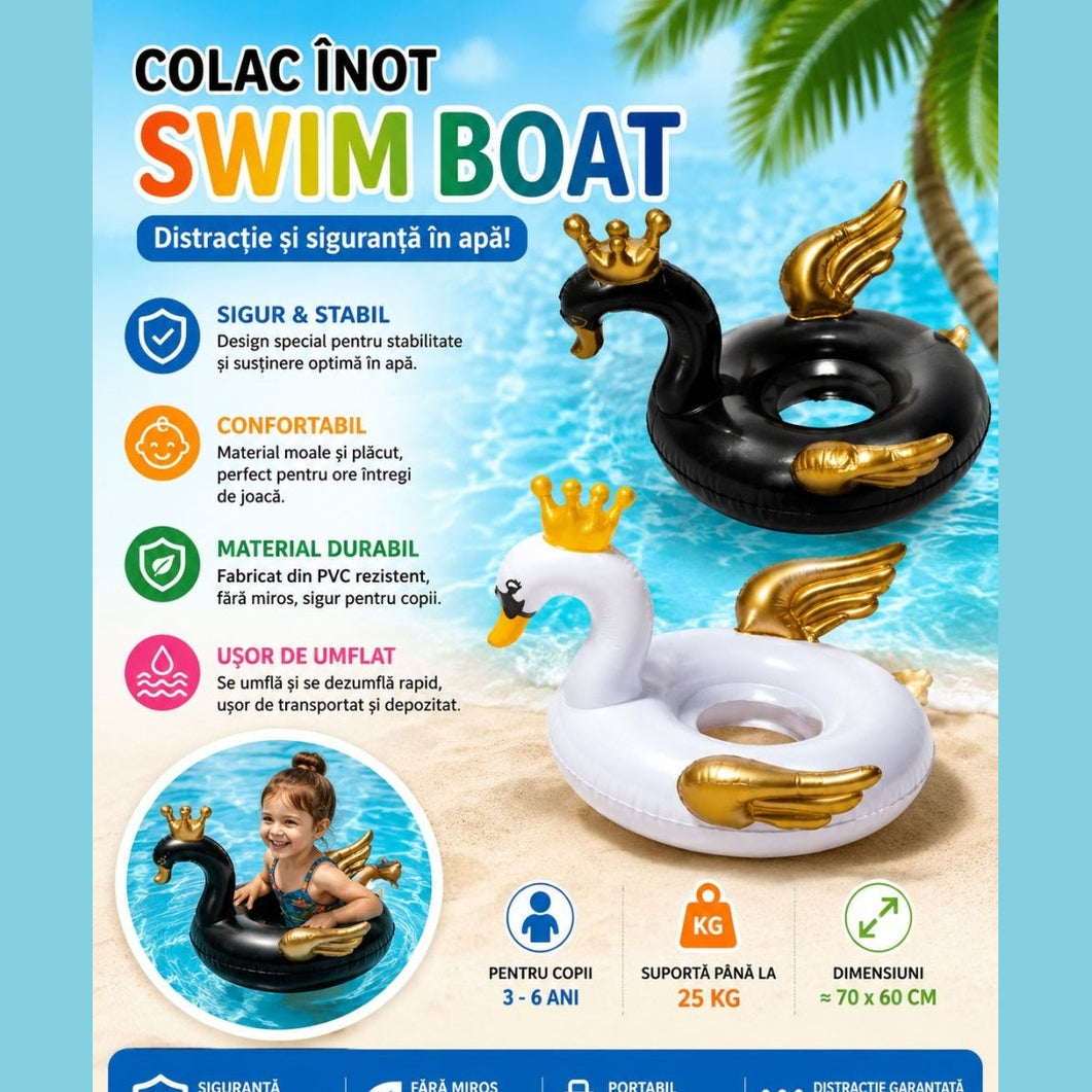 Colac Gonflabil Lebădă Neagra pentru Copii – Swim Boat , 70x60 cm