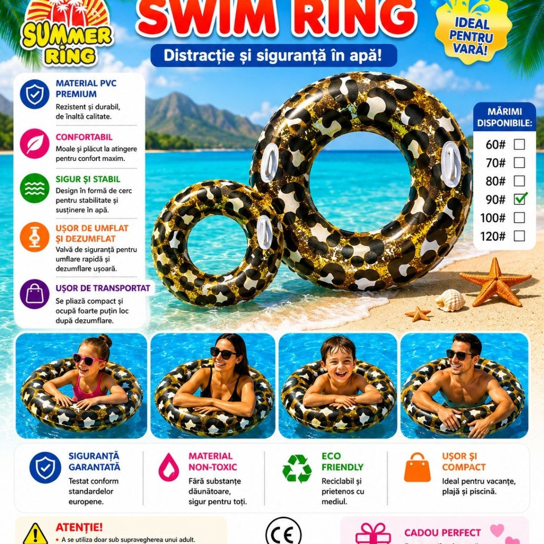 Colac Gonflabil Leopard 90 cm – Colac de Înot cu Model Animal Print pentru Piscină și Plajă
