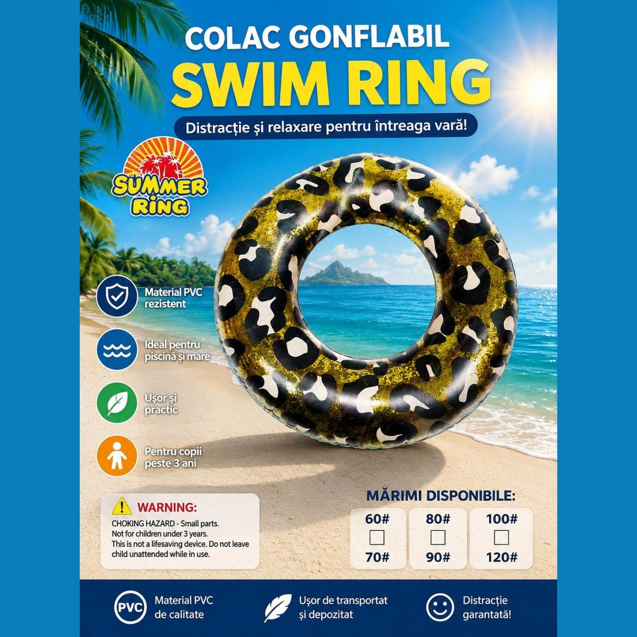 Colac gonflabil leopard auriu, 90 cm, pentru piscina si mare, model modern vara