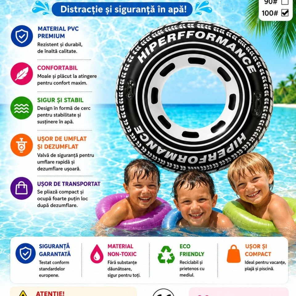 Colac Gonflabil model Anvelopa 100 cm – Colac de Înot Negru pentru Piscină și Plajă