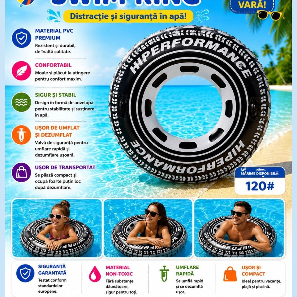 Colac Gonflabil model Anvelopa 120 cm – Colac de Înot Negru pentru Piscină și Plajă