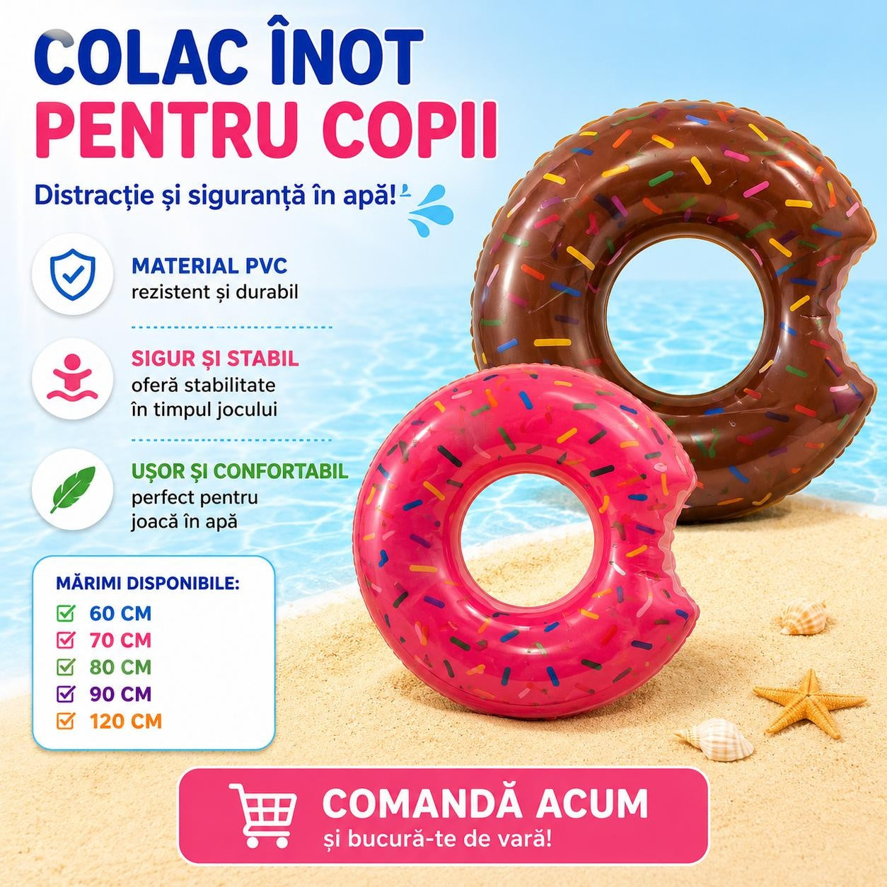 Colac Gonflabil Model Gogoasa Maro 90cm pentru Copii – Colac din PVC pentru Piscina si Plaja