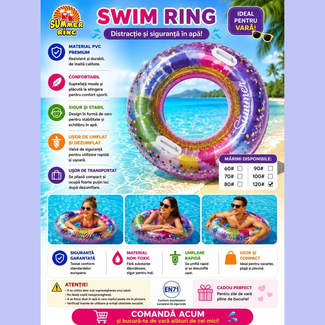 Colac Gonflabil Multicolor 120 cm – Colac de Înot pentru Piscină și Plajă