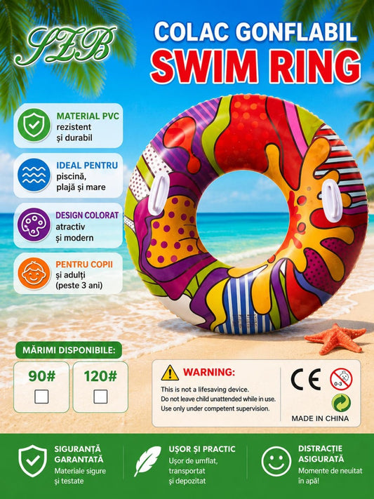 Colac gonflabil multicolor pentru copii si adulti, 90 cm, ideal piscina si mare