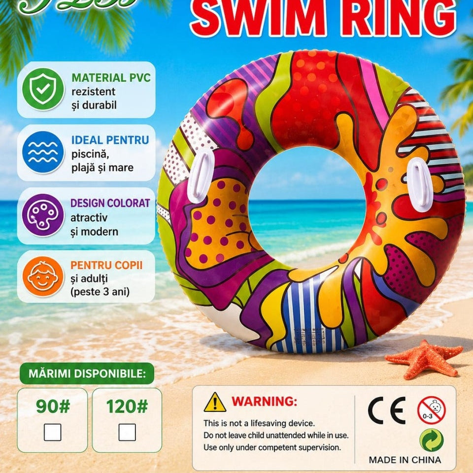 Colac gonflabil multicolor pentru copii si adulti, 90 cm, ideal piscina si mare
