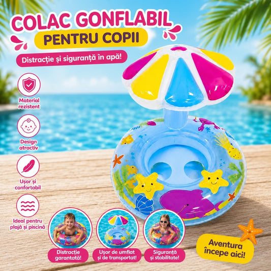 Colac Gonflabil pentru Bebeluși cu Parasolar – Model Marin, Albastru, pentru Piscină și Plajă