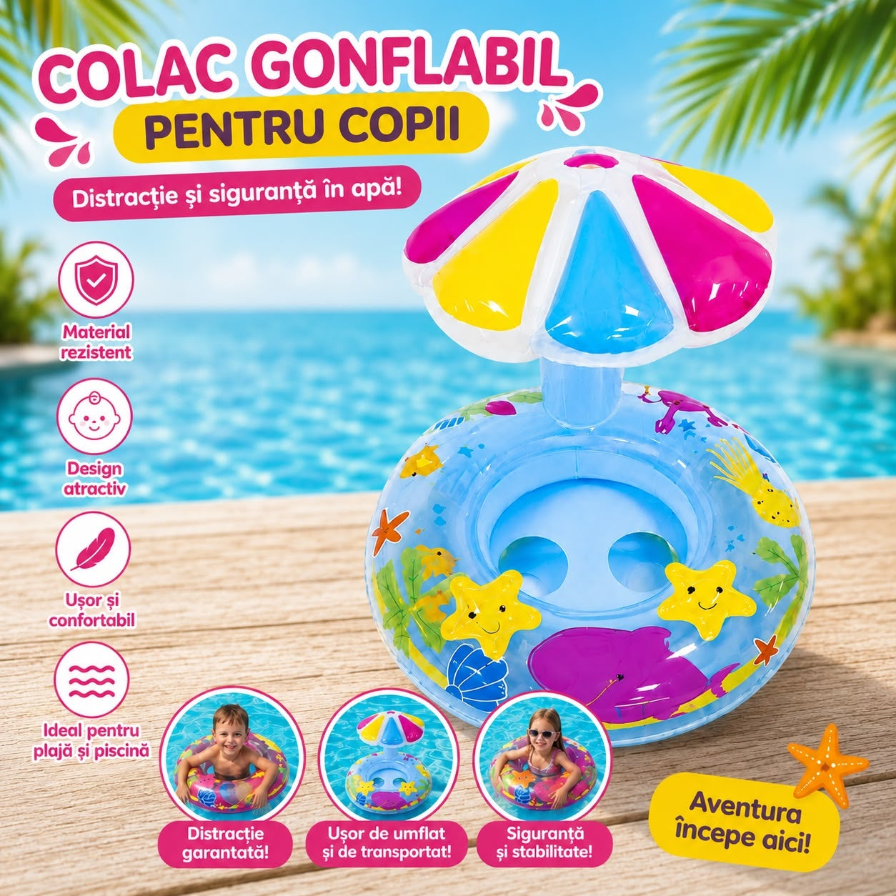 Colac Gonflabil pentru Bebeluși cu Parasolar – Model Marin, Albastru, pentru Piscină și Plajă