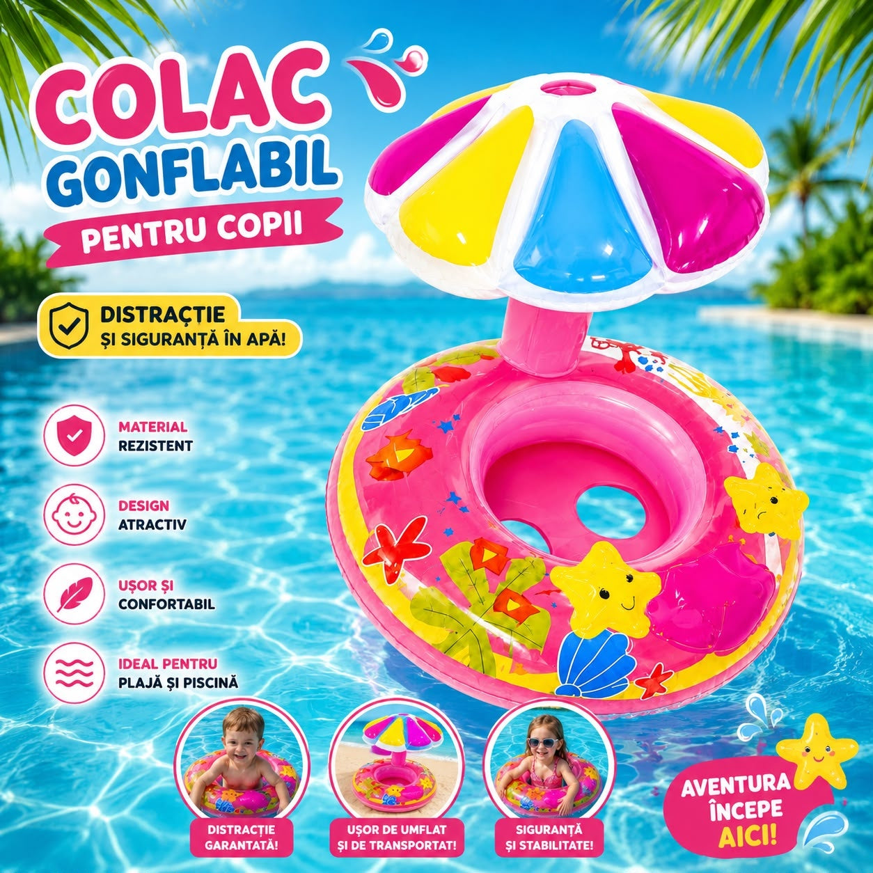 Colac Gonflabil pentru Bebeluși cu Parasolar – Roz, Model Marin, pentru Piscină și Plajă