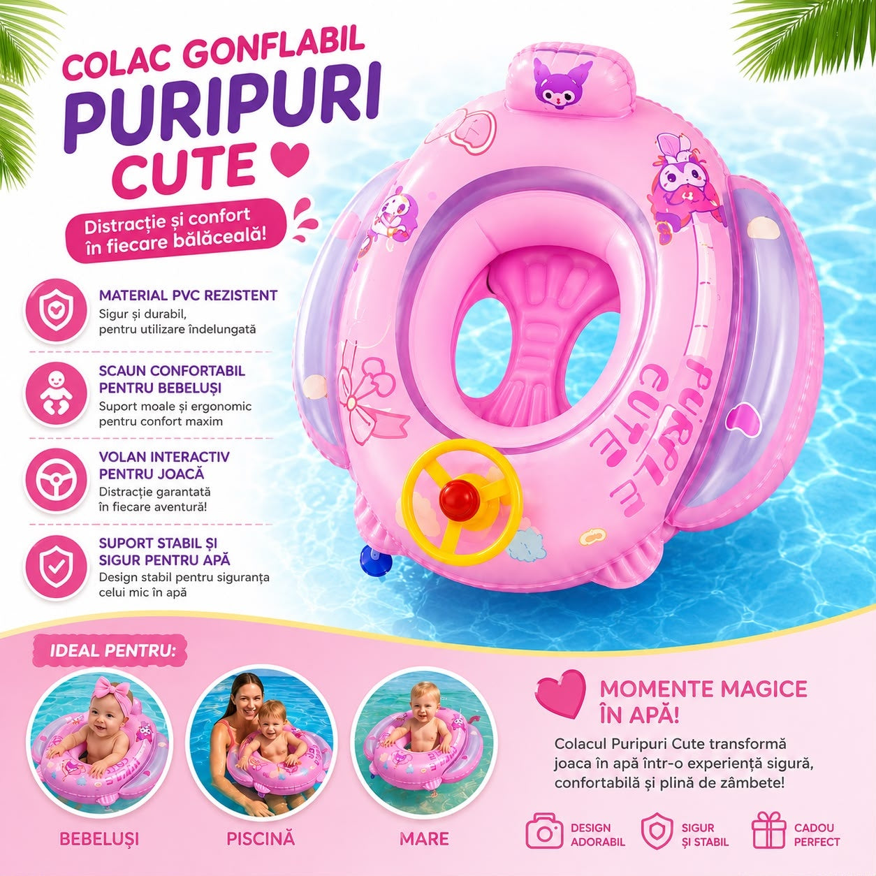 Colac Gonflabil pentru Bebeluși Puripuri Cute cu Volan și Scaun Integrat – Colac de Înot Roz