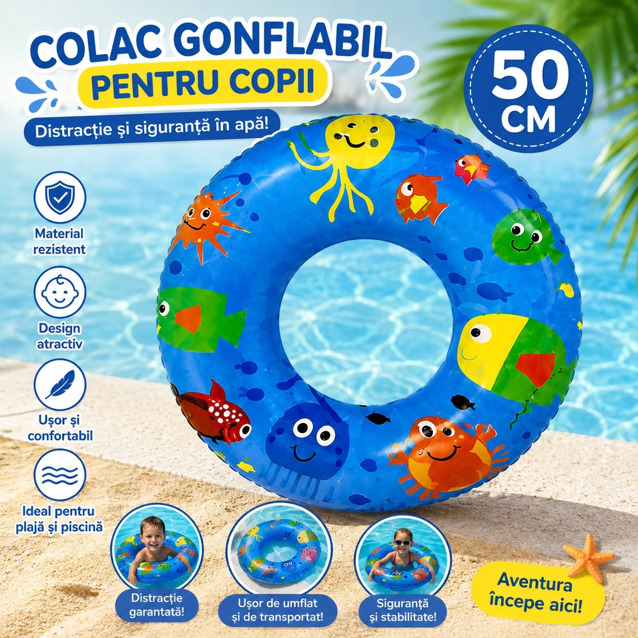 Colac Gonflabil pentru Copii 50 cm cu Imprimeu Marin Albastru – Ideal pentru Piscină și Plajă