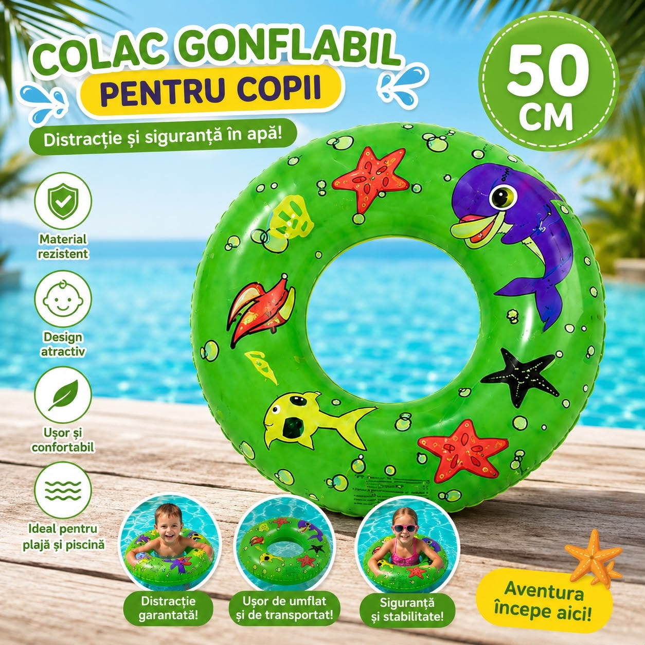 Colac Gonflabil pentru Copii 50 cm cu Imprimeu Marin Verde – Ideal pentru Piscină și Plajă