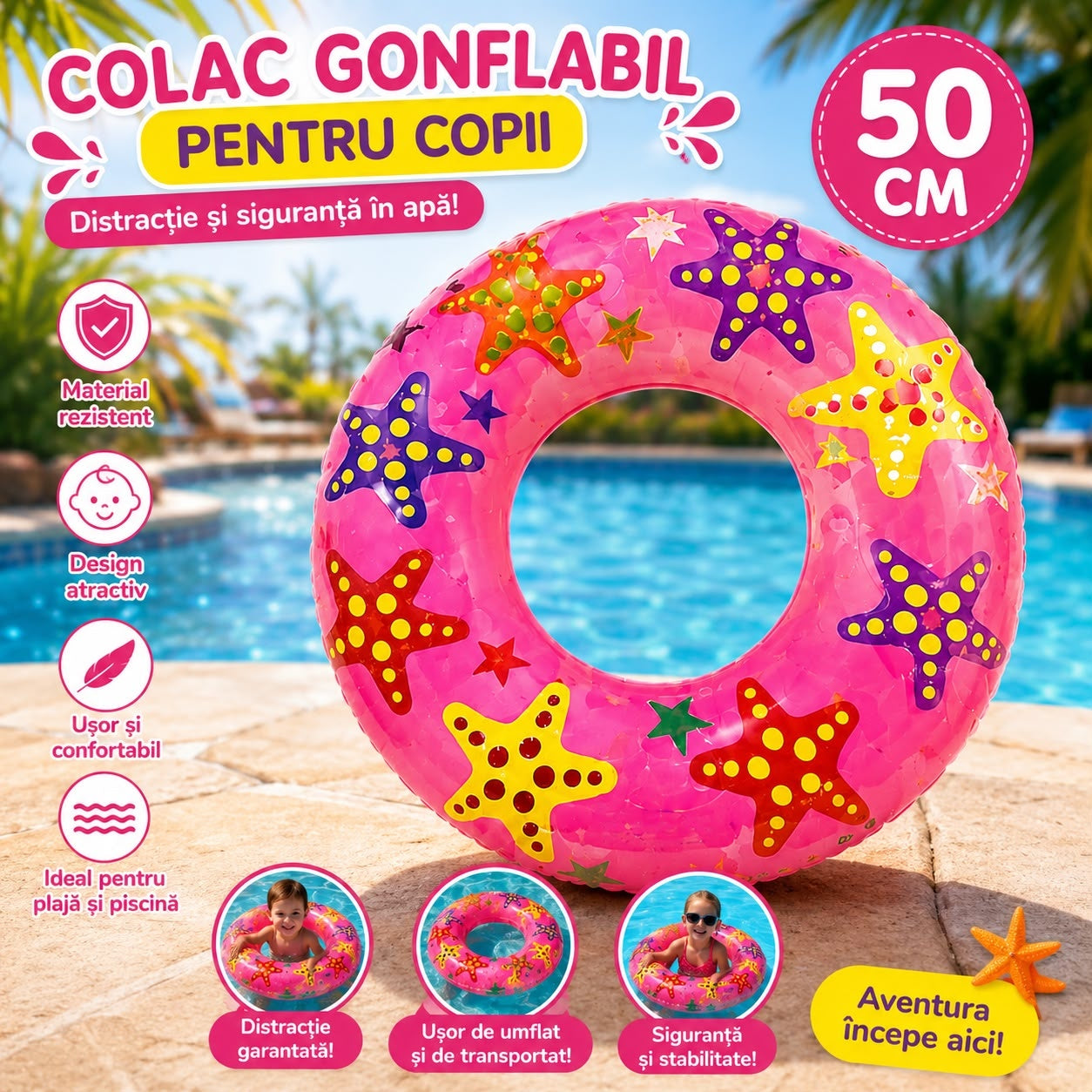 Colac Gonflabil pentru Copii 50 cm cu Imprimeu Stele de Mare – Roz, pentru Piscină și Plajă