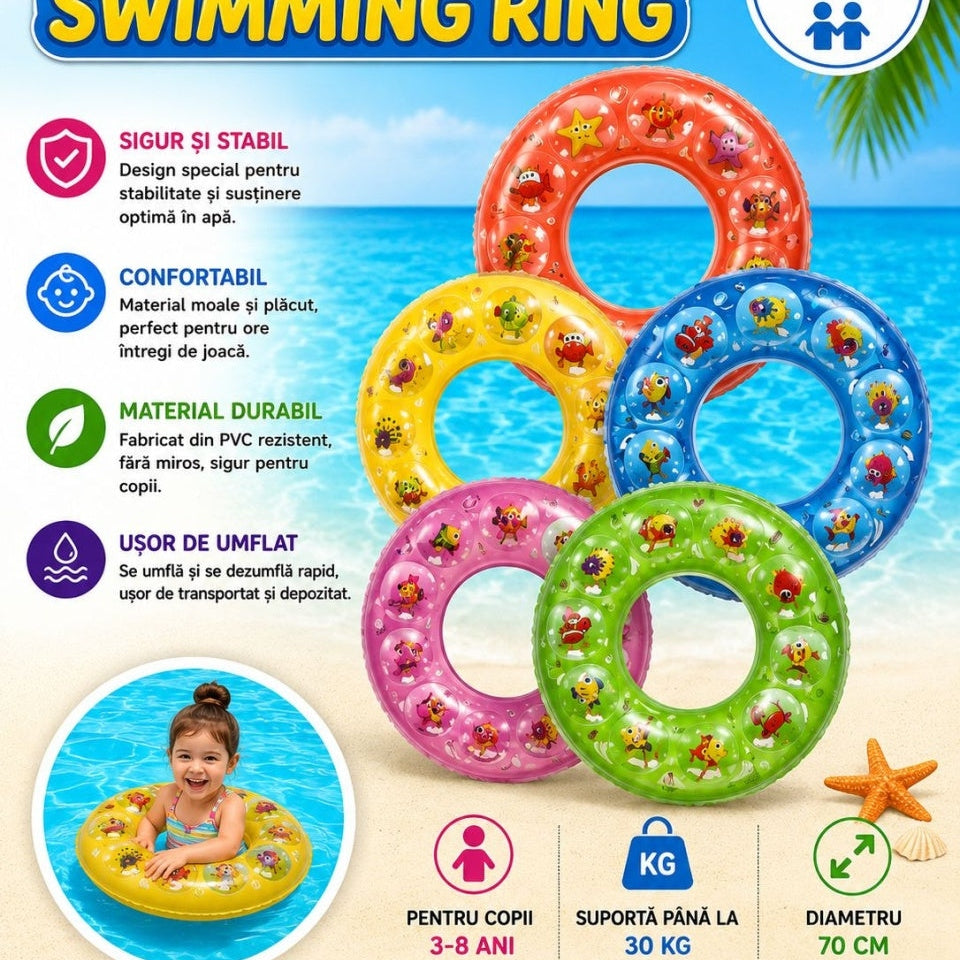 Colac Gonflabil pentru Copii 60 cm – Model Roz cu Animăluțe Marine