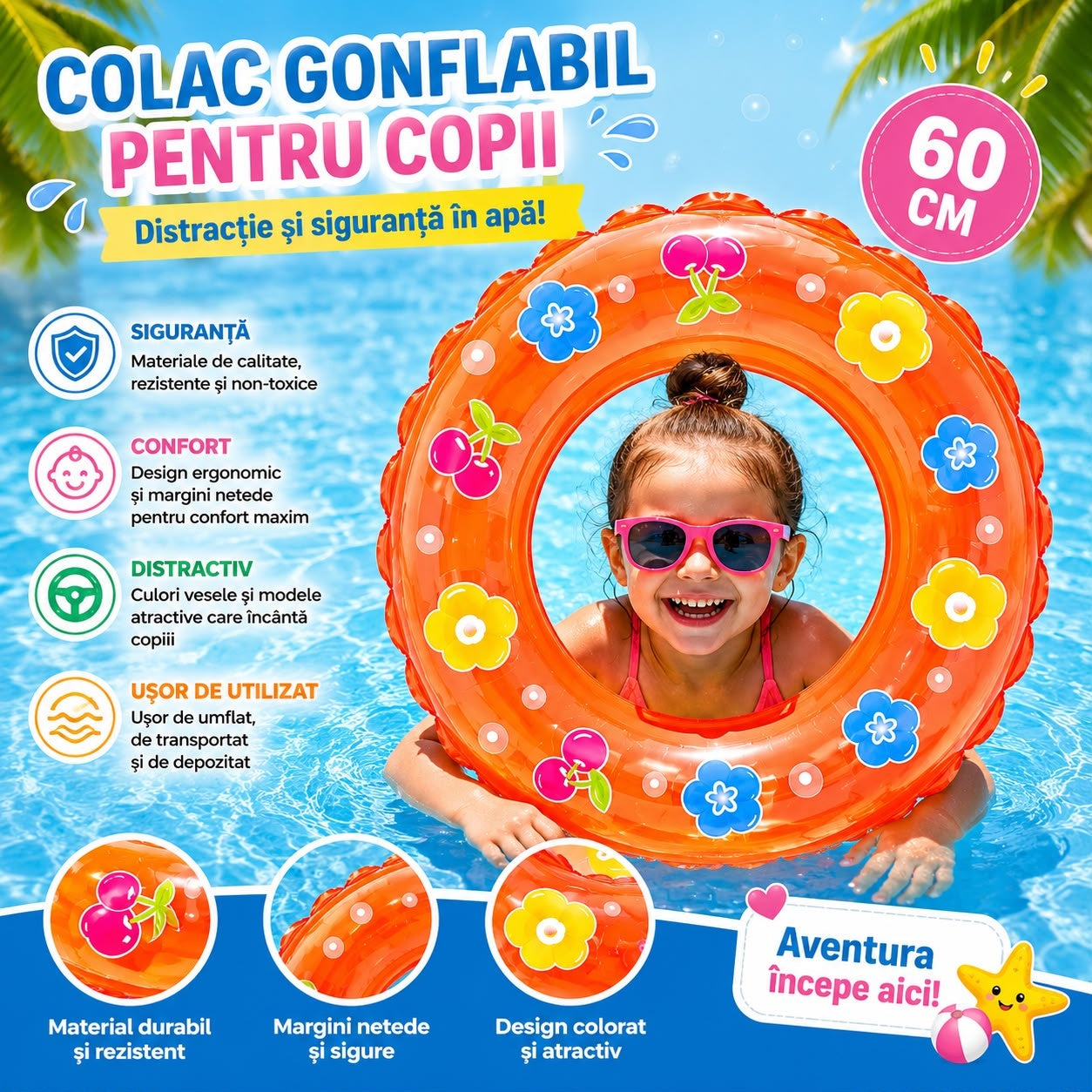 Colac Gonflabil pentru Copii 60 cm cu Flori și Cireșe – Colac de Înot Colorat pentru Piscină și Mare