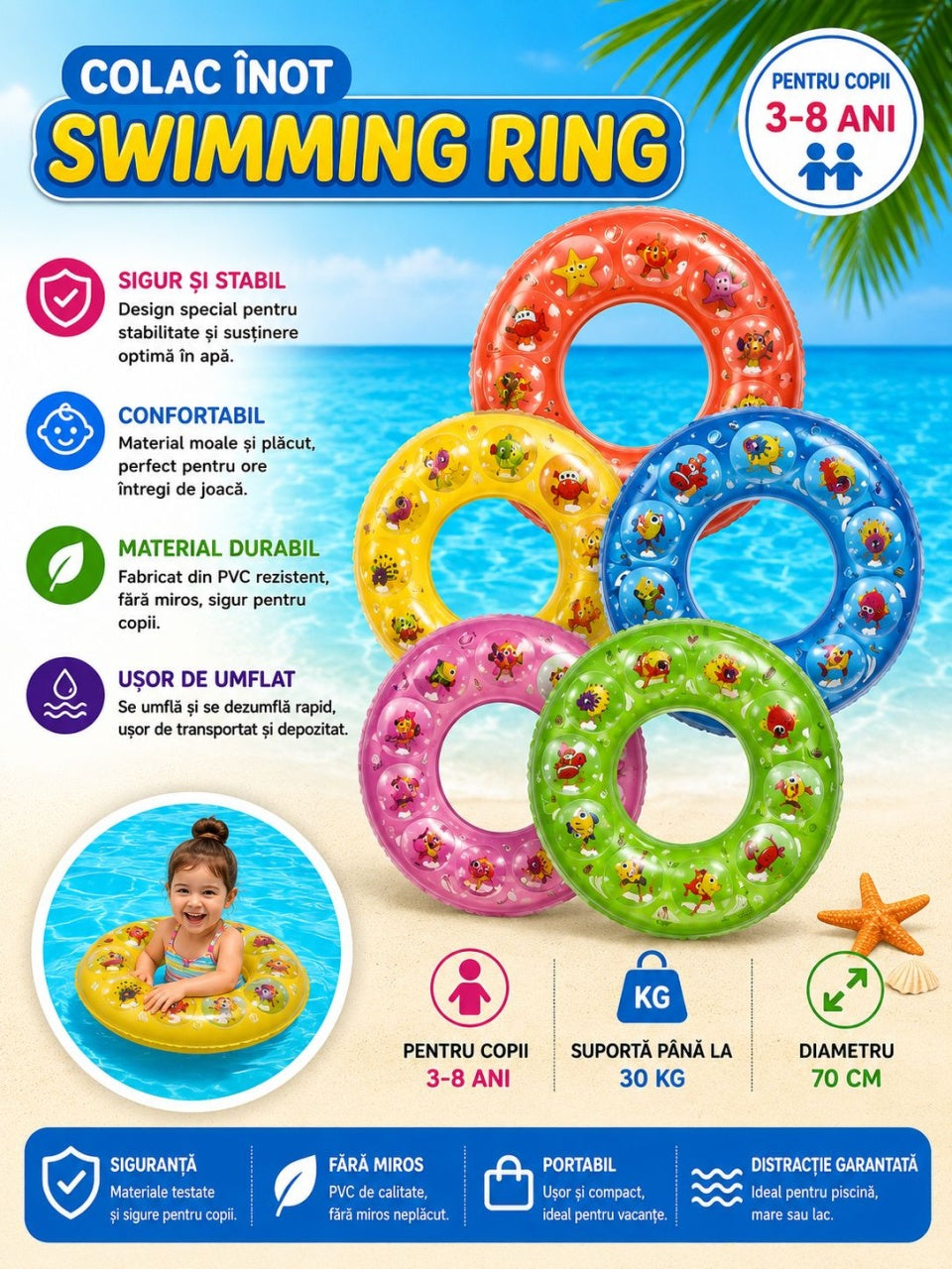Colac Gonflabil pentru Copii 70 cm – Model Albastru cu Animăluțe Marine