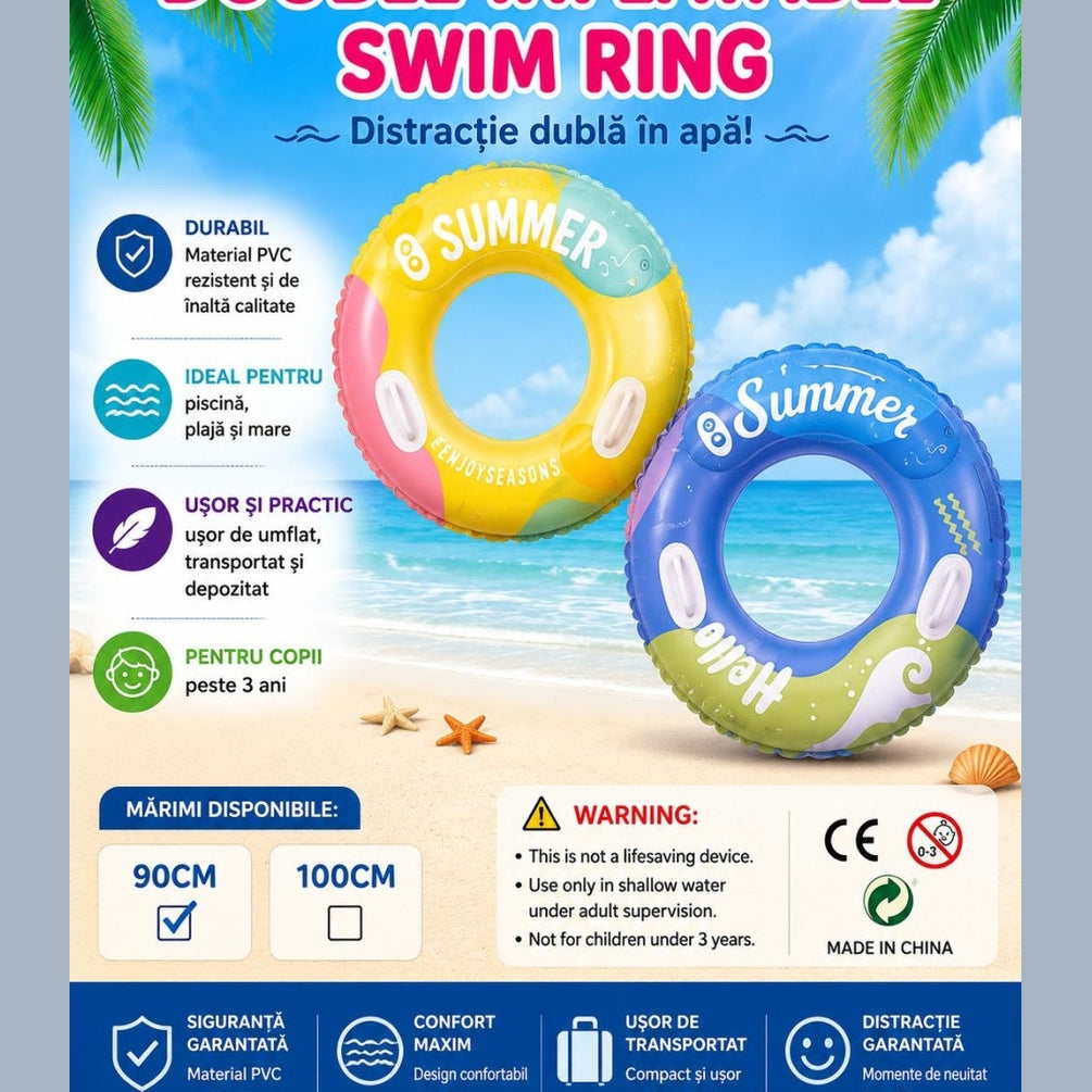 Colac gonflabil pentru copii, 90 cm, cu manere, ideal piscina si mare