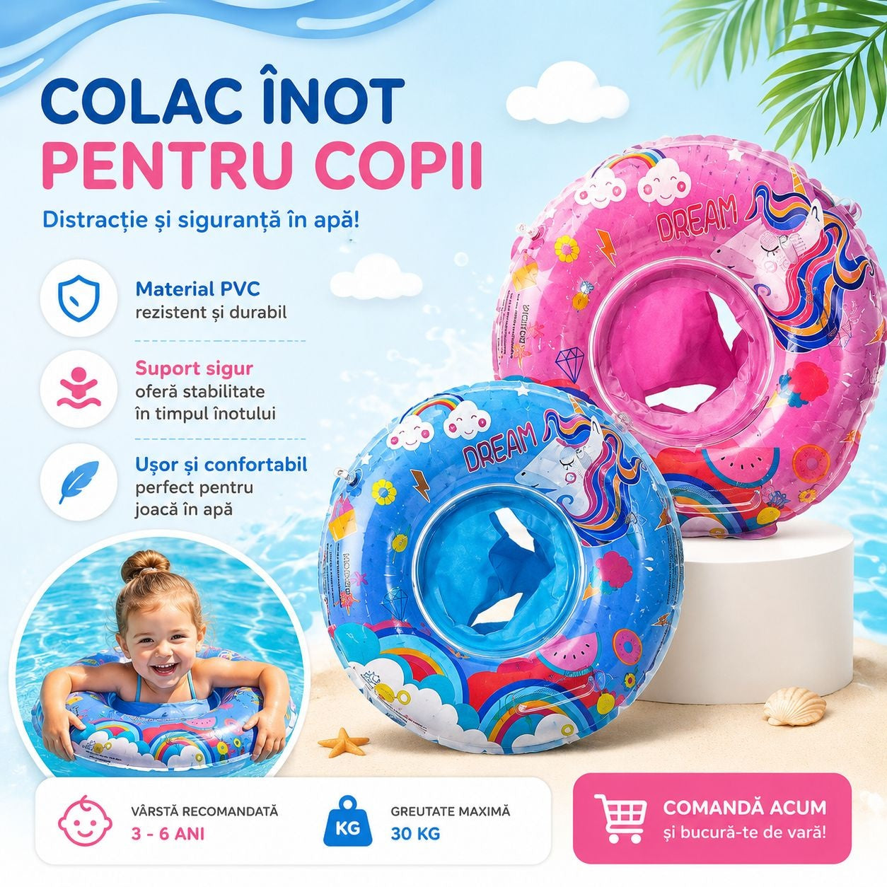 Colac Gonflabil pentru Copii Albastru cu Unicorn – Colac Înot PVC Rezistent, 3-6 Ani